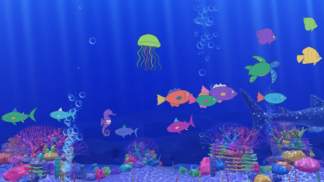 Little Reef aquarium: coloured drawings of fish, a jellyfish and a turtle swimming over an illustrated 3D reef